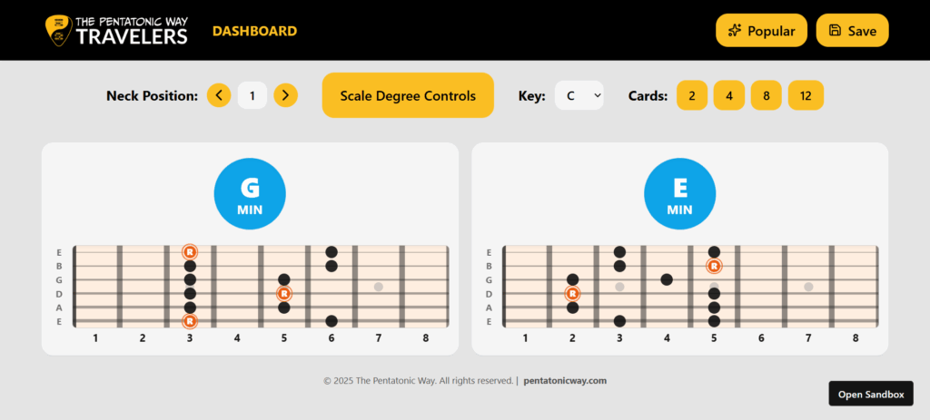 The Pentatonic Way app showing which pentatonic scales to use over a progression.